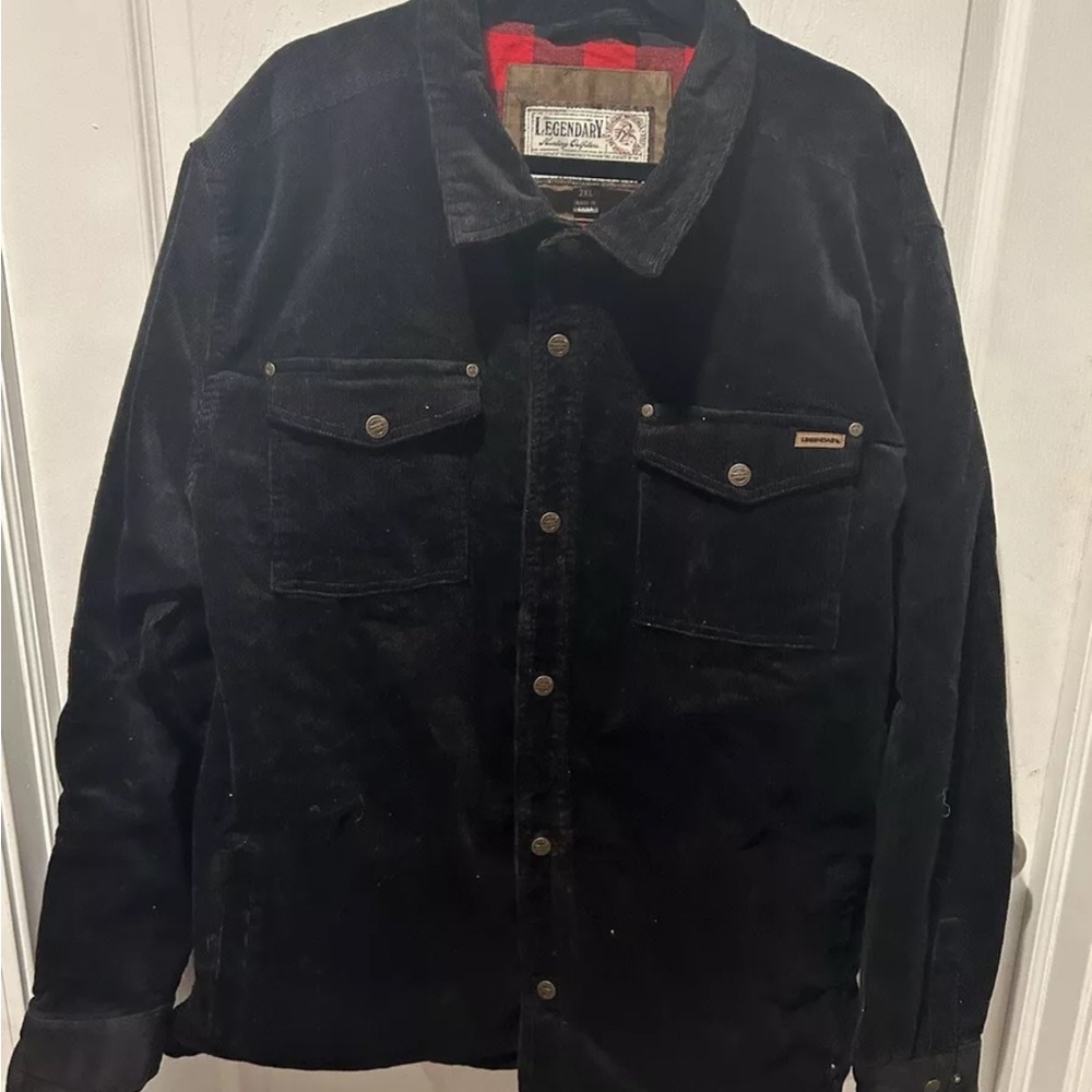 Legendary Whitetail Men”s Black Corduroy Jacket W/Red Flannel Lining.